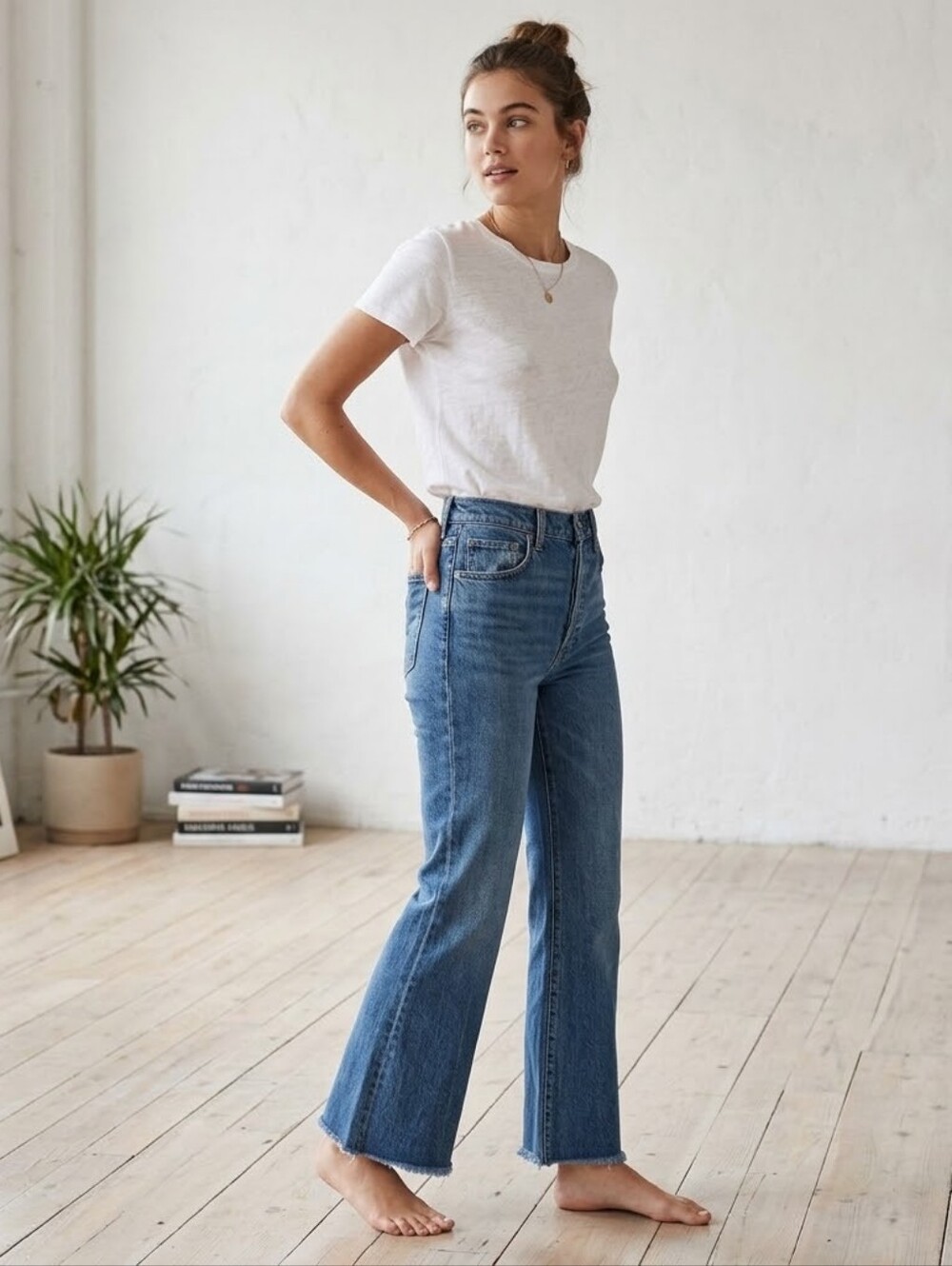 We The Free Button Fly Medium Wash Straight Leg Raw Hem Jeans